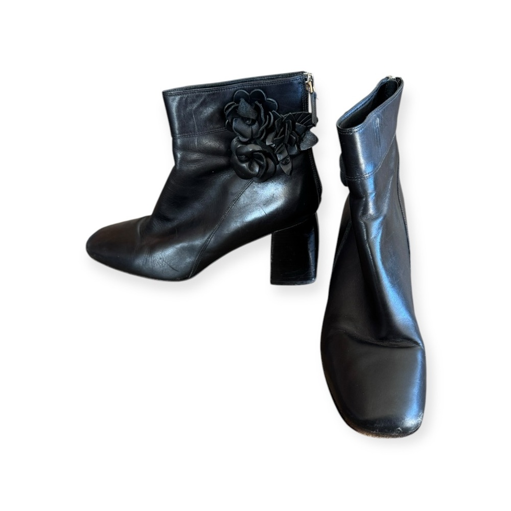 Tory Burch black ankle boots shoes floral detail Sz 9.5 M 3" heels